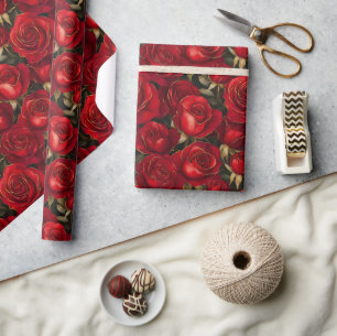 Papier Cadeau Roses rouges et dorées
