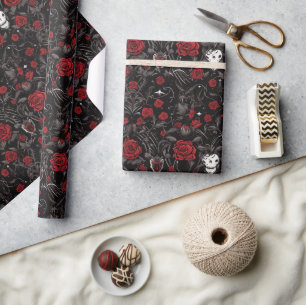 Papier Cadeau Roses rouges gothiques et crânes
