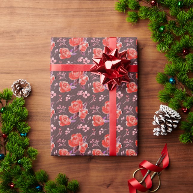 Papier Cadeau Roses rouges sur papier Brown (Cadeau de vacances)