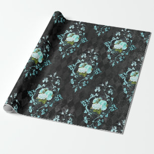Papier Cadeau Roses sarcelles vintage et motif harlequin noir