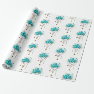 Papier Cadeau Roses turquoise avec touches