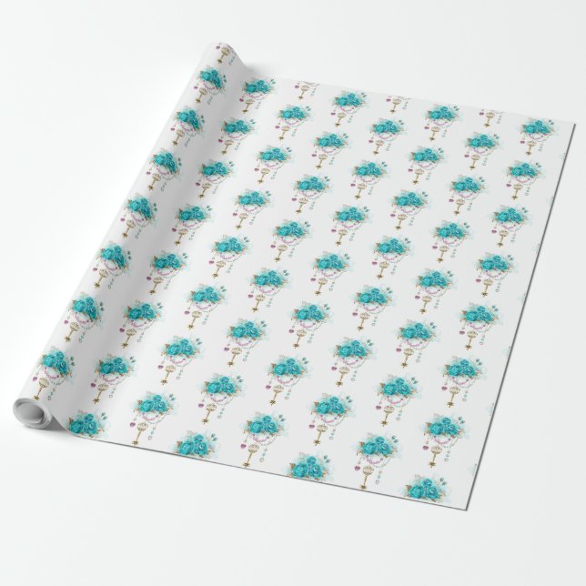 Papier Cadeau Roses turquoise avec touches (Déroulé)
