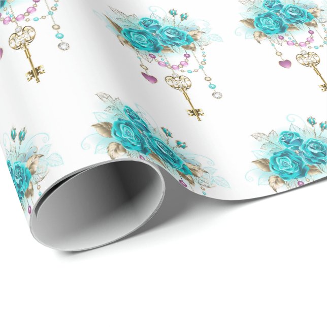 Papier Cadeau Roses turquoise avec touches (Coin rond)