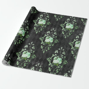 Papier Cadeau Roses Vertes Vintage et Motif Harlequin Noir