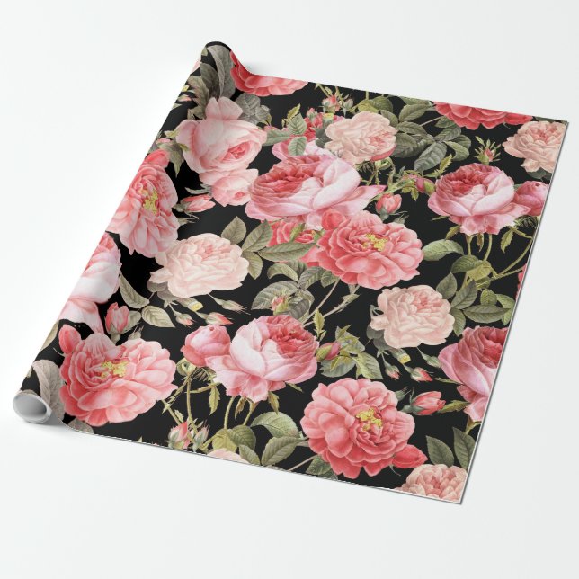 Papier Cadeau Roses victoriens roses sur le motif noir (Déroulé)