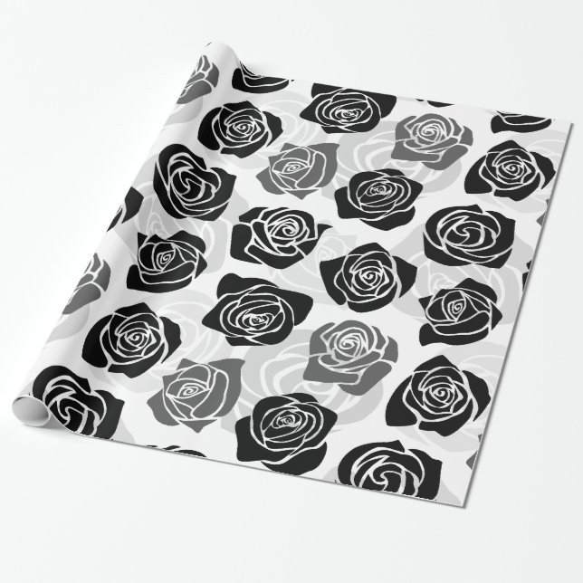Papier Cadeau Roses Vintages chic en noir et blanc (Déroulé)