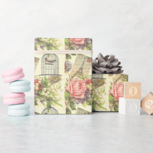 Papier Cadeau Roses vintages et oiseaux en cage