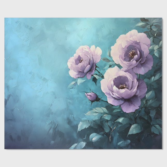 Papier Cadeau Roses violets sur la page de découpage Turquoise (Plat)