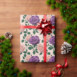 Papier Cadeau Roses Violettes Stylisées Avec Des Accents Verts