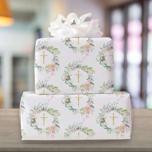 Papier Cadeau Rosier floral à croix chrétienne en or de Garland