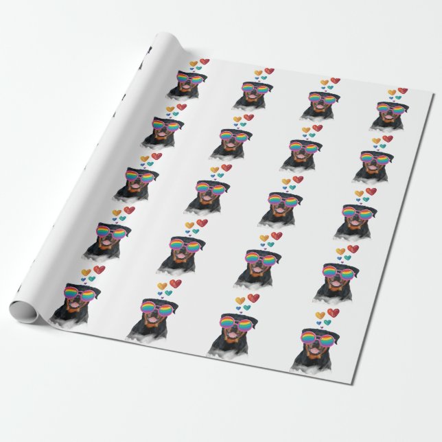 Papier Cadeau Rottweiler Chien avec Coeurs Saint-Valentin (Déroulé)