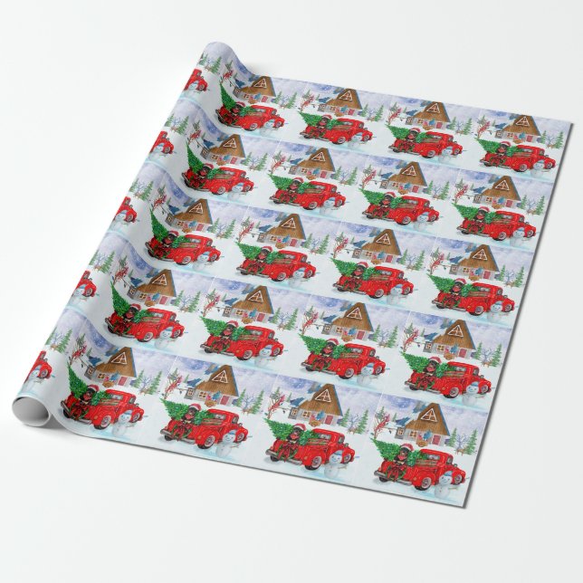 Papier Cadeau Rottweiler Chien en livraison Noël Camion Neige (Déroulé)