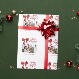 Papier Cadeau Rouge arc photo script blanc Noël