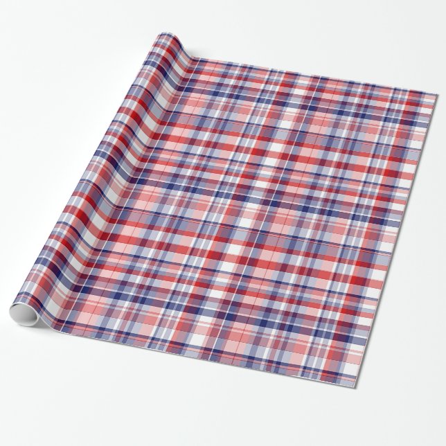 Papier Cadeau Rouge, Blanc, Bleu Preppy Madras Plaid (Déroulé)