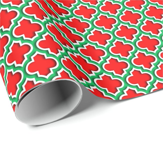 Papier Cadeau Rouge Blanc Emeraude Vert Quatrefoil Marocain #5DS (Coin rond)