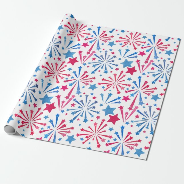 Papier Cadeau Rouge blanc et bleu Feu d'artifice d'aquarelle (Déroulé)