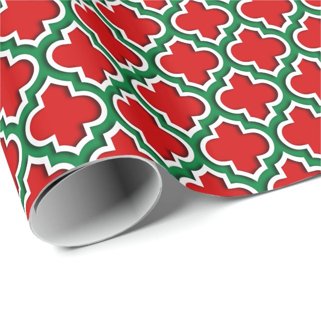 Papier Cadeau Rouge blanc foncé vert LG Quatrefoil marocain #5DS (Coin rond)