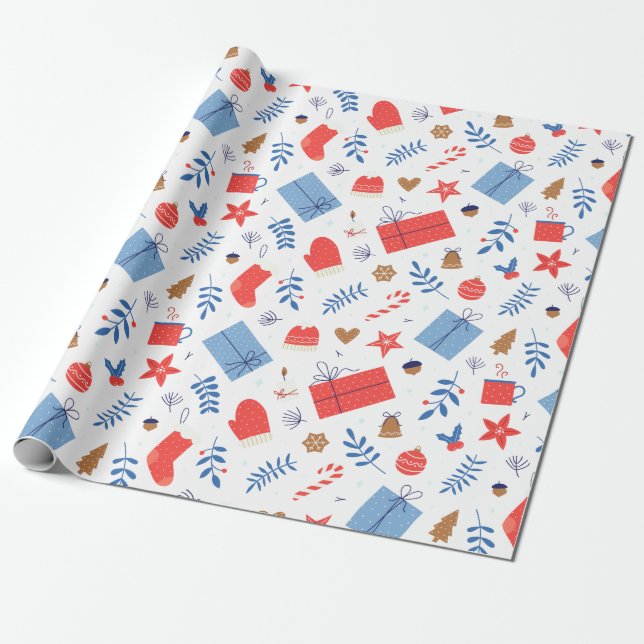 Papier Cadeau Rouge Blanc Gants de Noël Sucre de canne Baubles (Déroulé)