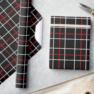 Papier Cadeau Rouge Blanc Motif à carreaux noirs lignes graphiqu