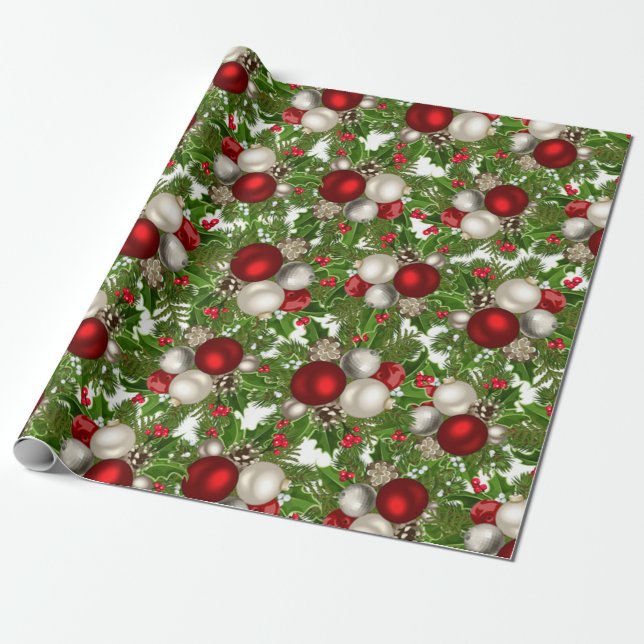 Papier Cadeau Rouge Blanc Noël Ornements Noël Holly (Déroulé)