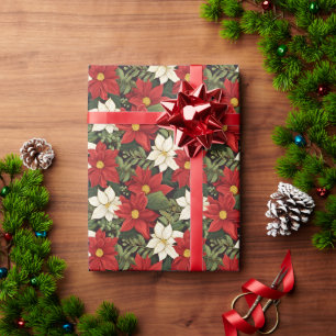 Papier Cadeau Rouge Blanc Vert Poinsettia Fleurs Motif