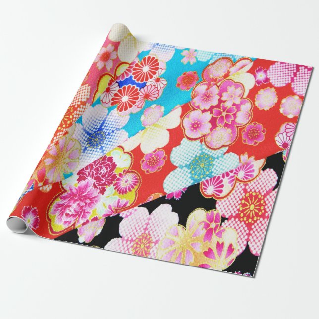 Papier Cadeau Rouge bleu rose japonais Kimono Floral Découpage (Déroulé)