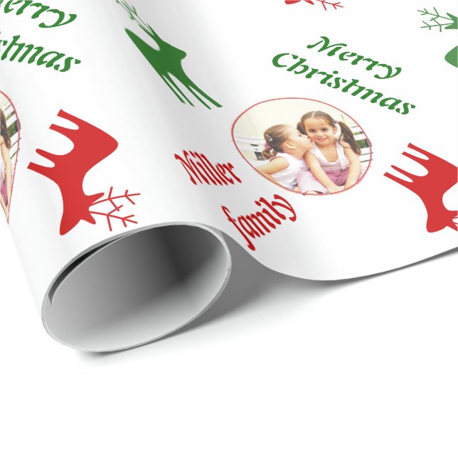 Papier Cadeau Rouge, cerf vert et nom photo de Noël (Coin rond)