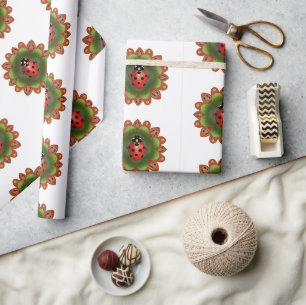 Papier Cadeau Rouge coccinelle sur pétales rouges et verts sur b