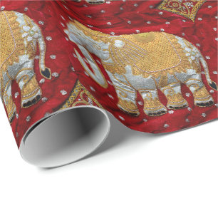 Papier Cadeau Rouge embelli et or d'éléphant d'Asie