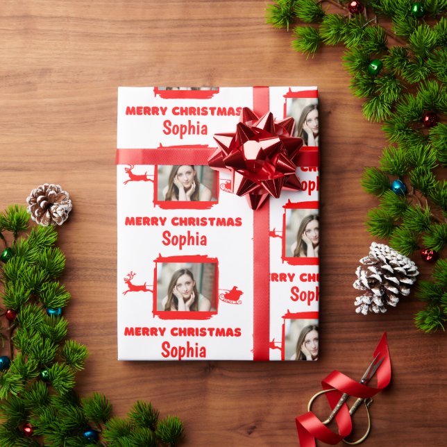 Papier Cadeau Rouge et blanc moderne 1 photo Joyeux Noël (Cadeau de vacances)