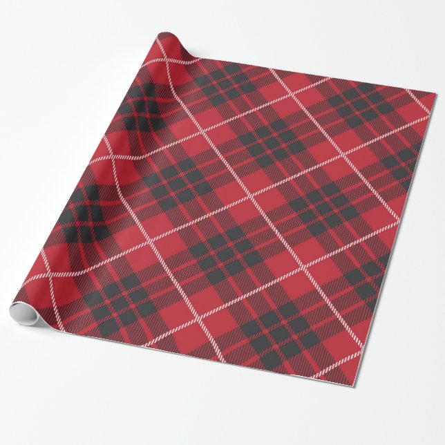 Papier Cadeau Rouge et noir avec accents blancs motif plaid (Déroulé)