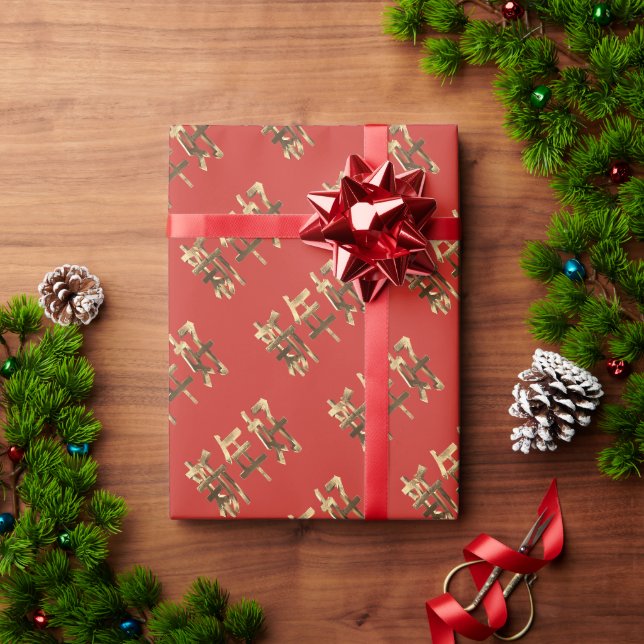 Papier Cadeau Rouge et or Look Texte chinois Nouvel an (Cadeau de vacances)
