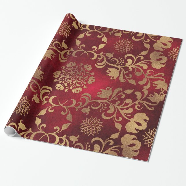 Papier Cadeau Rouge et or Métallurgique Glamore Motif Floral (Déroulé)