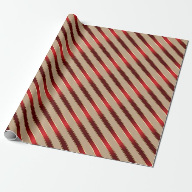 Papier Cadeau Rouge et rayures diagonales métalliques d'or (Déroulé)