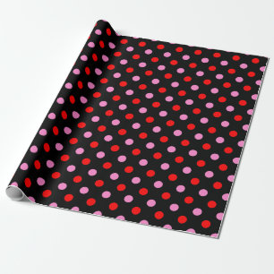 Papier Cadeau Rouge et rose sur fond noir à pois design 