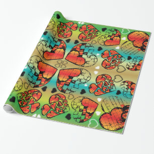 Papier Cadeau Rouge et vert Whimsical Romantique Coeurs motif