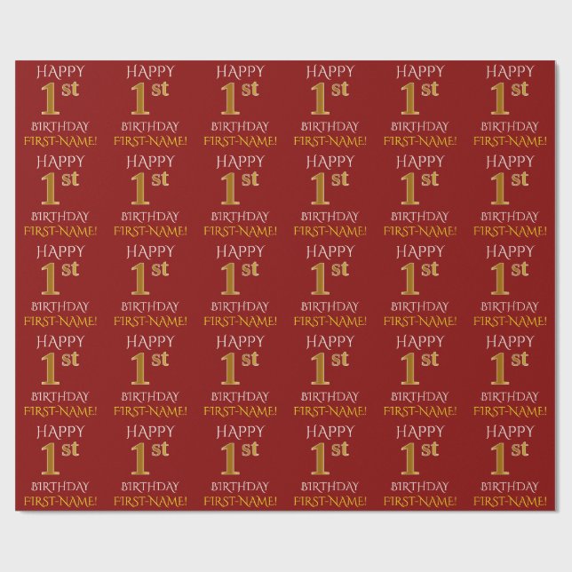 Papier Cadeau Rouge, Faux Gold "HEUREUX 1er anniversaire" (Plat)