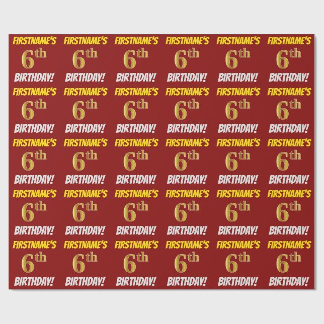Papier Cadeau Rouge, Faux/Imitation Gold, "6e anniversaire" (Plat)