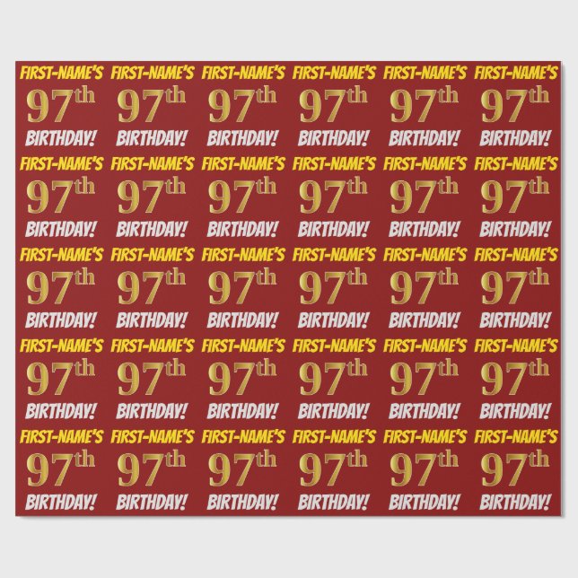 Papier Cadeau Rouge, Faux/Imitation Gold, "97e anniversaire" (Plat)