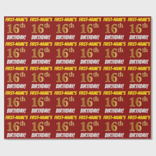 Papier Cadeau Rouge, Faux/Imitation Or, "16e anniversaire"