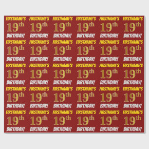 Papier Cadeau Rouge, Faux/Imitation Or, "19e ANNIVERSAIRE"