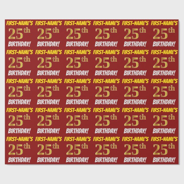 Papier Cadeau Rouge, Faux/Imitation Or, "25e anniversaire" (Plat)