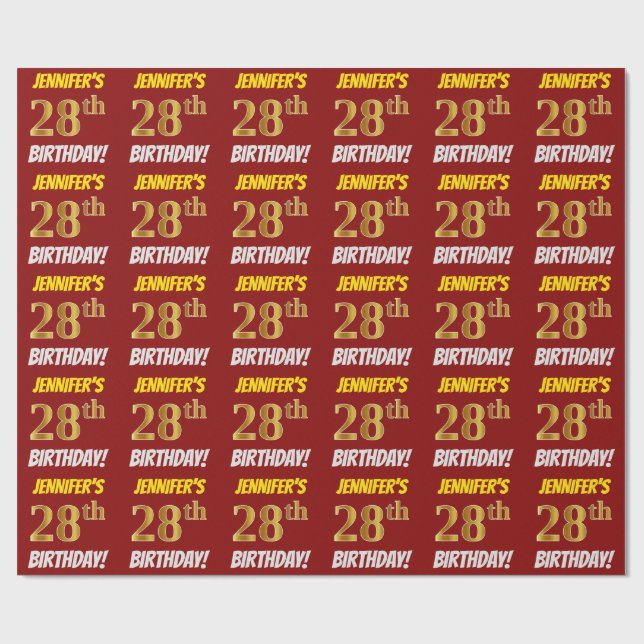 Papier Cadeau Rouge, Faux/Imitation Or, "28e ANNIVERSAIRE" (Plat)