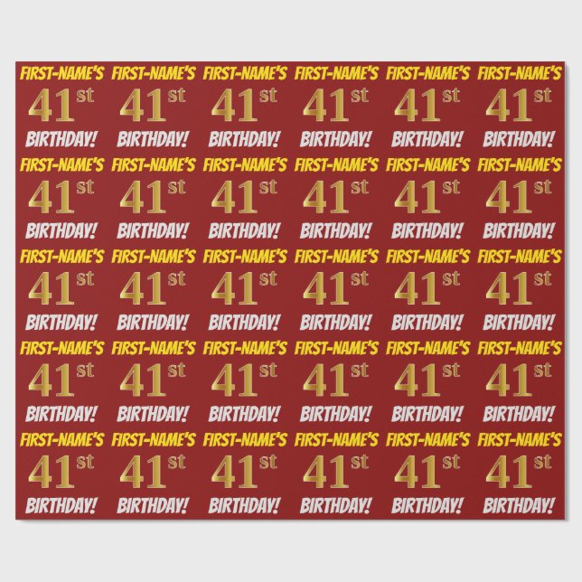 Papier Cadeau Rouge, Faux/Imitation Or, "41e ANNIVERSAIRE" (Plat)
