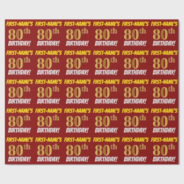 Papier Cadeau Rouge, Faux/Imitation Or, "80e ANNIVERSAIRE" (Plat)