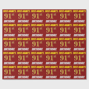 Papier Cadeau Rouge, Faux/Imitation Or, "91e ANNIVERSAIRE"