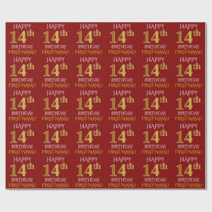 Papier Cadeau Rouge, Faux Or "HEUREUX 14ème anniversaire"