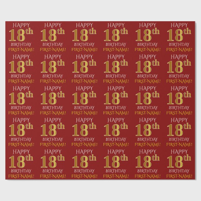 Papier Cadeau Rouge, Faux Or "HEUREUX 18ème anniversaire" (Plat)