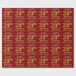 Papier Cadeau Rouge, Faux Or "HEUREUX 20e anniversaire"