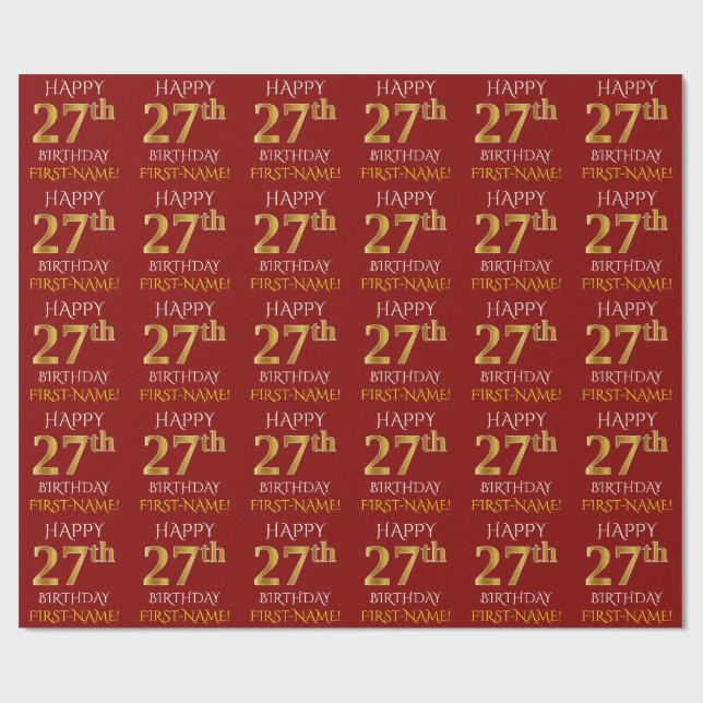 Papier Cadeau Rouge, Faux Or "HEUREUX 27ème anniversaire" (Plat)